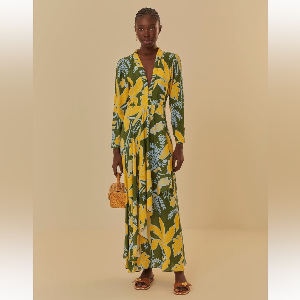 Farm Rio Foliage Sketch Green V Neck Maxi Dress